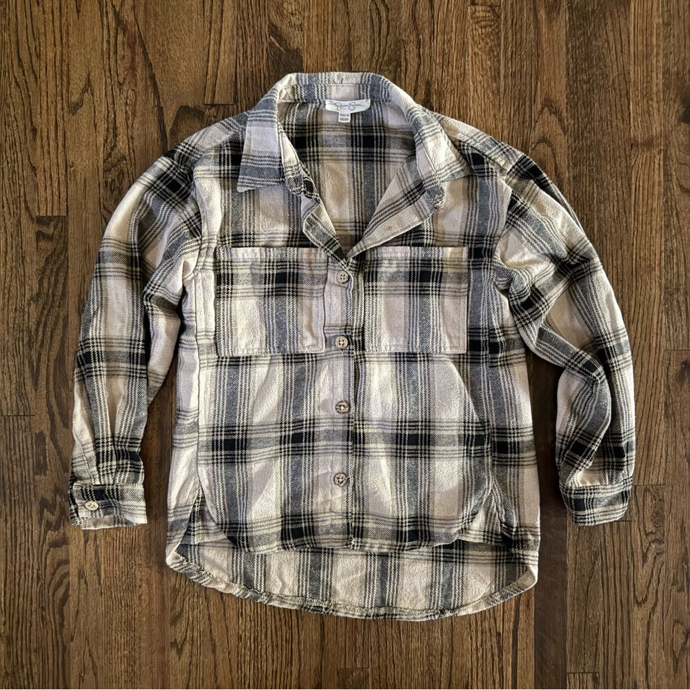 Jessica Simpson Plaid Flannel Shirt - Black and Cream - Size Medium 8/10